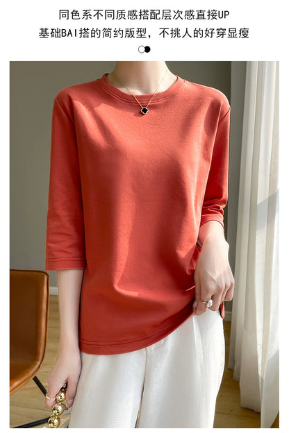 Summer Cotton Short-Sleeved T-Shirt Women's Round Neck Seven-Point Sleeves Loose Mercerized Cotton Half-Sleeve Shirt New T-shirt