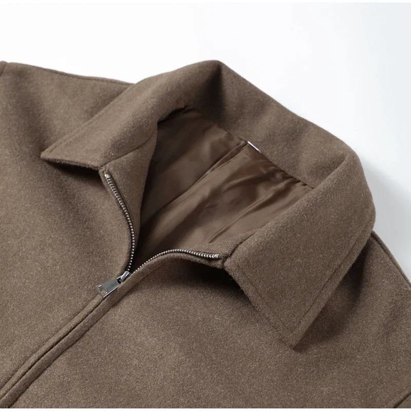 Brown Woolen Jacket - Women's Outerwear Zipper Coat With Elegant Lapel