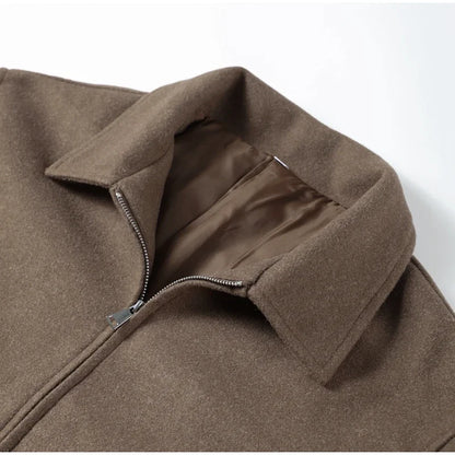 Brown Woolen Jacket - Women's Outerwear Zipper Coat With Elegant Lapel