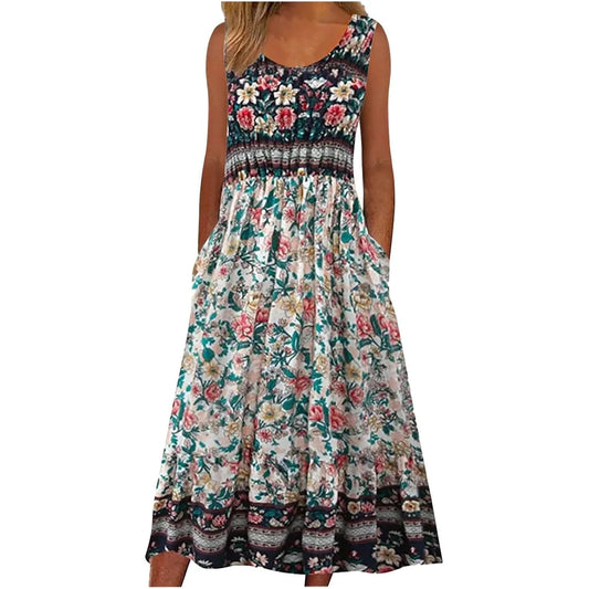 Sleeveless Pullover Dress - Women's Casual Knee-Length Print Pattern Dress in Polyester