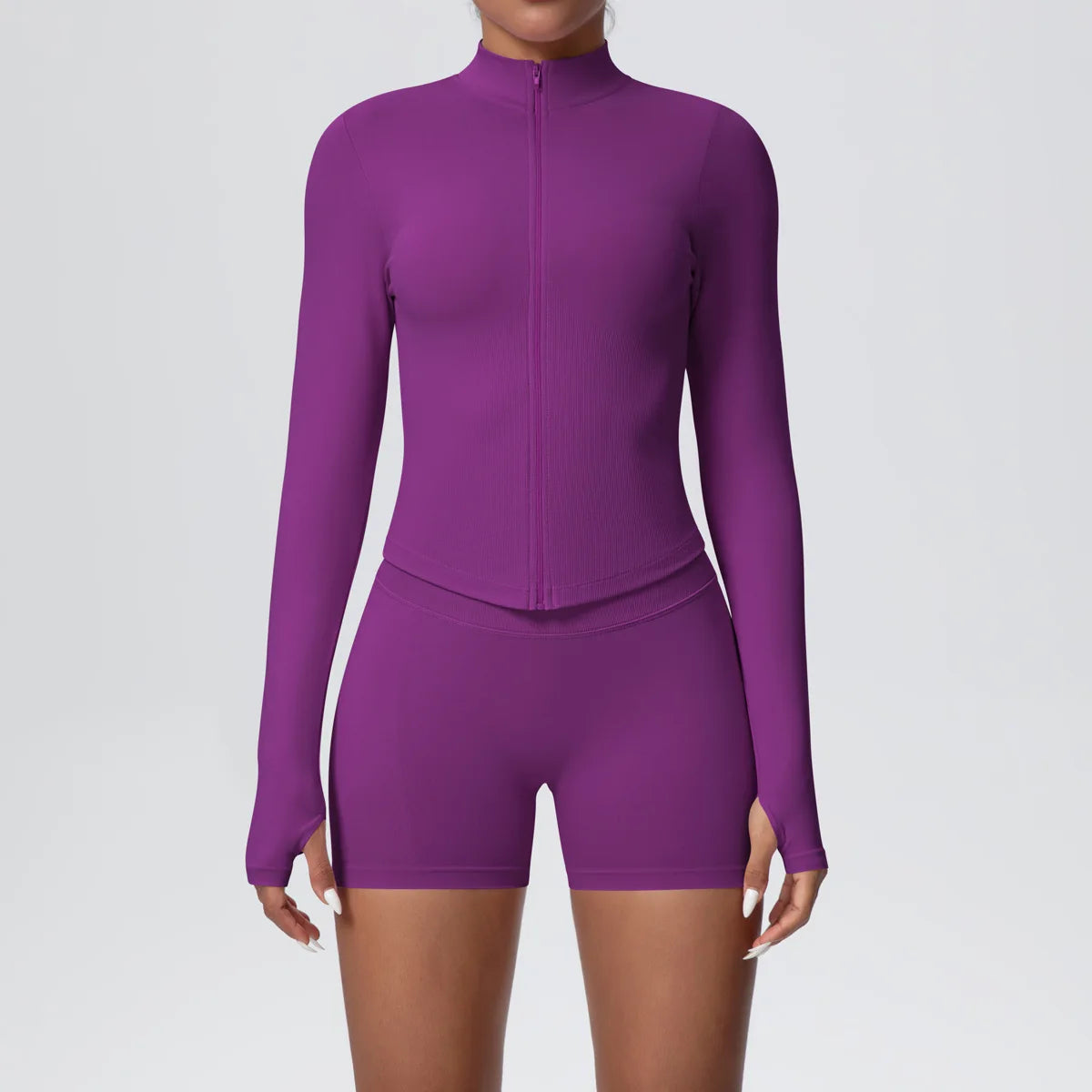 Women Gym Set - Seamless Yoga Suit With Zip Shirt & Cycling Shorts Activewear