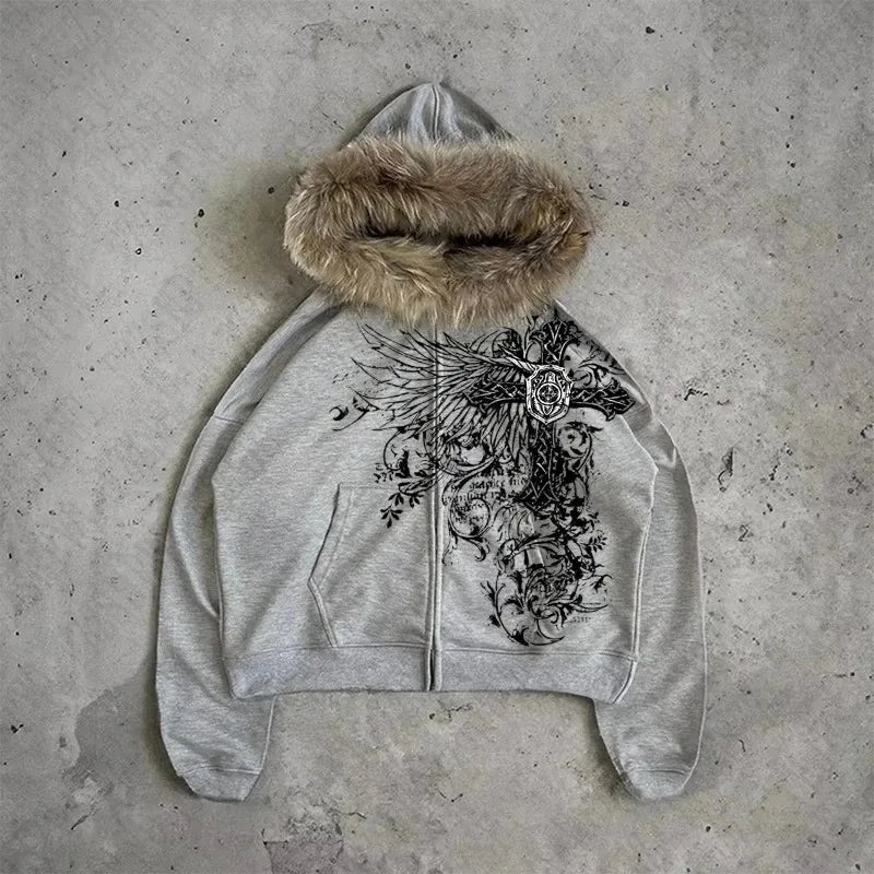 American Style Hip-Hop Style Y2K Autumn and Winter New Item Unisex Thick Print Warm Hoodie Jacket Zipper with Hat