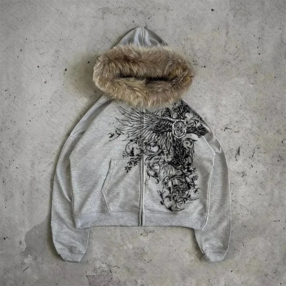 American Style Hip-Hop Style Y2K Autumn and Winter New Item Unisex Thick Print Warm Hoodie Jacket Zipper with Hat
