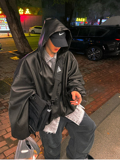 Mauroicardi Spring Autumn Short Oversized Black Soft Pu Leather Jacket Men with Hood Zipper Loose Casual Korean Fashion Clothes