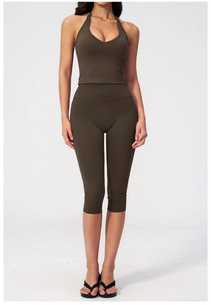 Women Tracksuit Yoga Set 2PCS Sports Set Short Sleeve Fitness Outfits Workout Clothes Running Capri Pants Gym Suit Athletic Wear