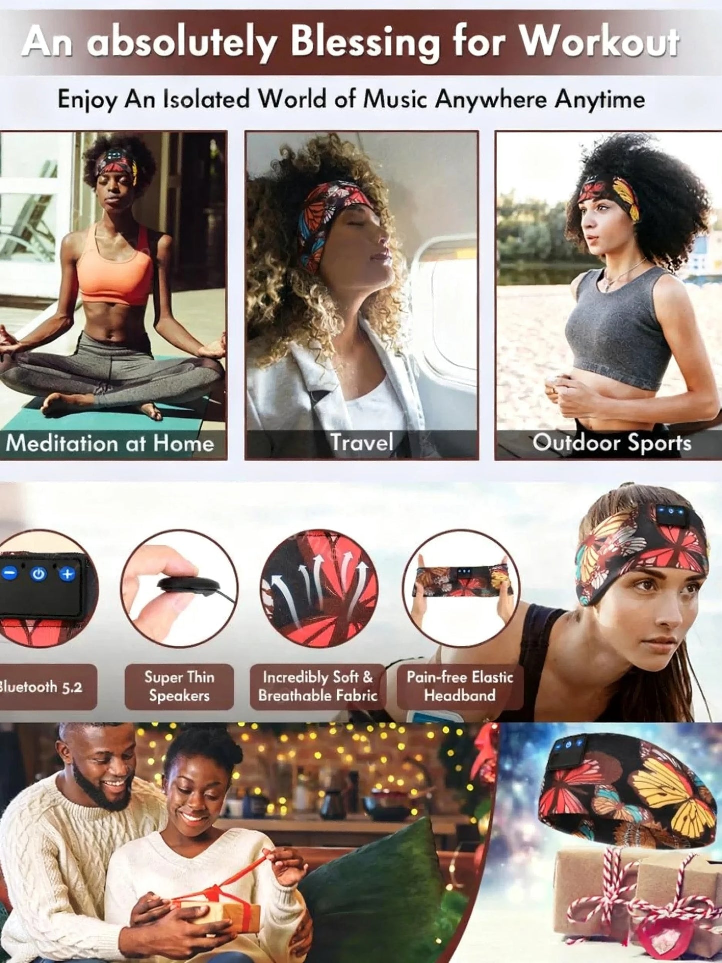 Butterfly Print Bluetooth Headband Sweatproof Sports Headset Workout Eye Mask Wireless for Sleep Workout Fit iPhone Android All