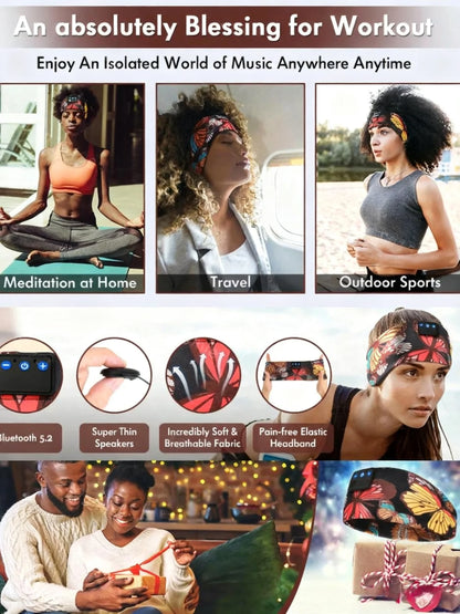 Butterfly Print Bluetooth Headband Sweatproof Sports Headset Workout Eye Mask Wireless for Sleep Workout Fit iPhone Android All