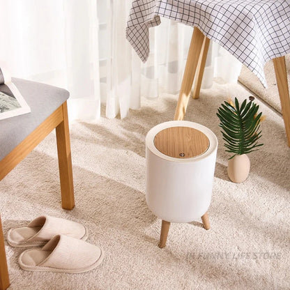 Wooden High Foot Trash Can - Creative Bathroom  Kitchen Wastebin with Press Cover