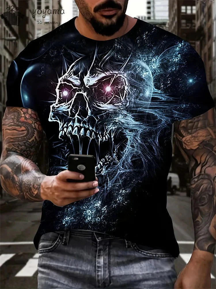 Mens Oversized 3D Skull Print T-Shirt - Summer Horror Fashion Tee - ZOOMNSTORE