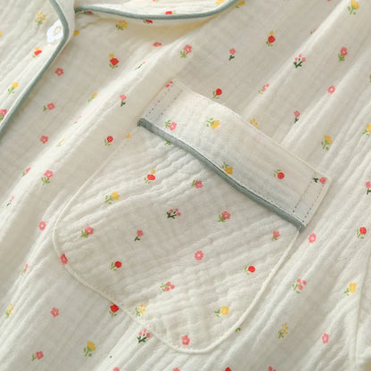 Pajamas pure cotton three-piece set spring and summer thin crepe autumn gauze lapel short-sleeved trousers shorts loungewear set