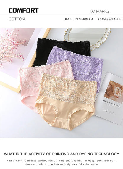 6pcs Women's Panties High Waist Underwear Large Size Fashion Girls Briefs Plus Size Breathable Lace Panty Female Lingerie