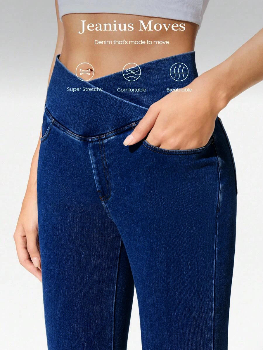 High Stretch Cross Waist Flare Jeans For Women Casual Hip Enhancing Knitted Denim Pants Multi Pocket Fitness Bootcut Trousers