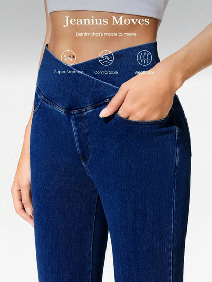 High Stretch Cross Waist Flare Jeans For Women Casual Hip Enhancing Knitted Denim Pants Multi Pocket Fitness Bootcut Trousers