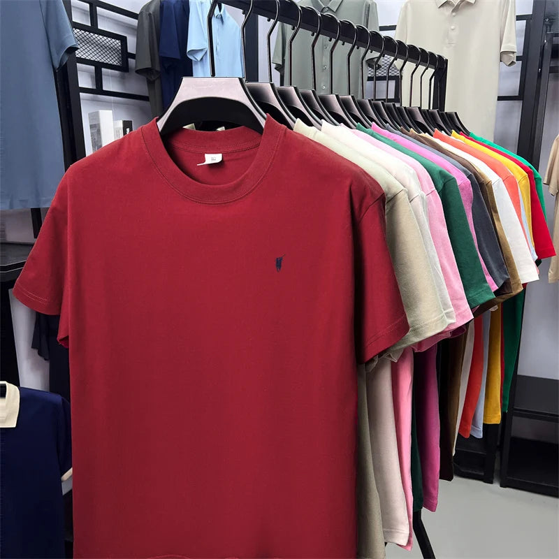Xiaoma Embroidery Casual Pure Cotton Short Sleeved T-shirt for Young Men, Round Neck Solid Color T-shirt for Men