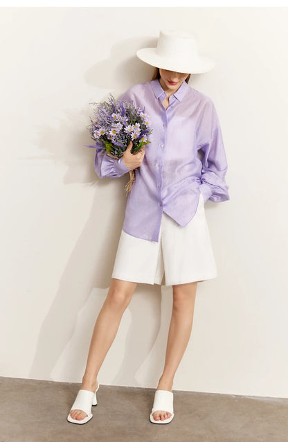 AMII Minimalist Blouse for Women 2023 Autumn Lantern Sleeve V-Neck Slightly Transparent Elegant Commuter Clothing Tops 72341030