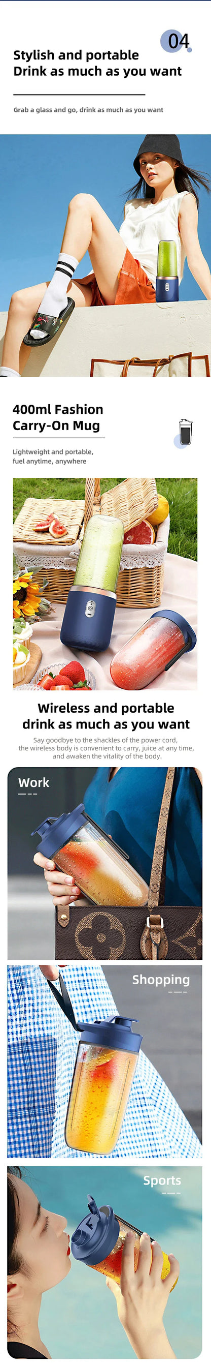 Portable USB Fruit Juicer Blender - 2 Cups 6 Blades Wireless Mixer