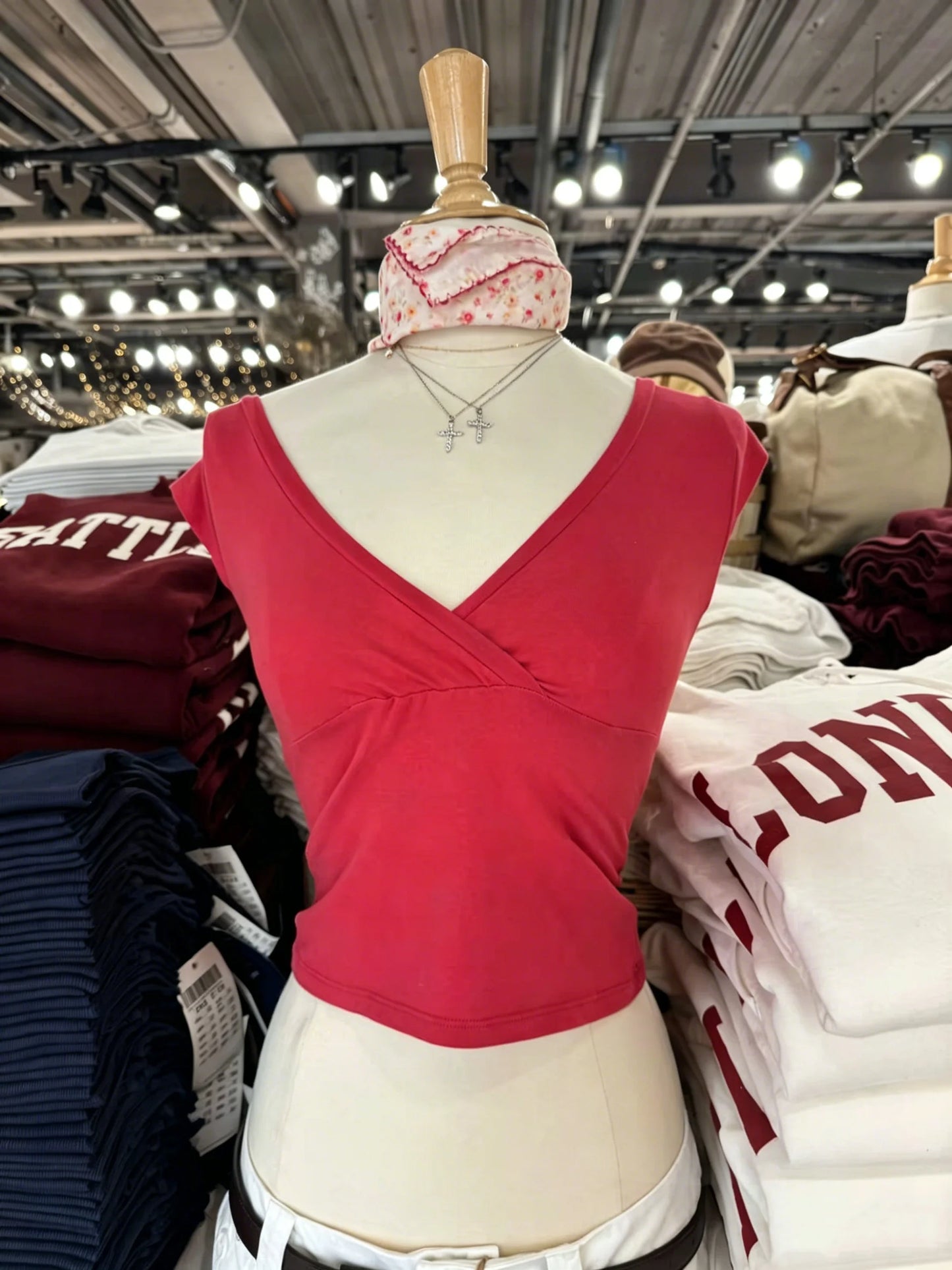 New Rose Red Slim Crop Top Woman Sexy V-neck Short Sleeve Cotton Cropped T-shirt Solid Casual Simple Sweet All-match Tee Tops