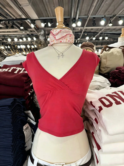 New Rose Red Slim Crop Top Woman Sexy V-neck Short Sleeve Cotton Cropped T-shirt Solid Casual Simple Sweet All-match Tee Tops