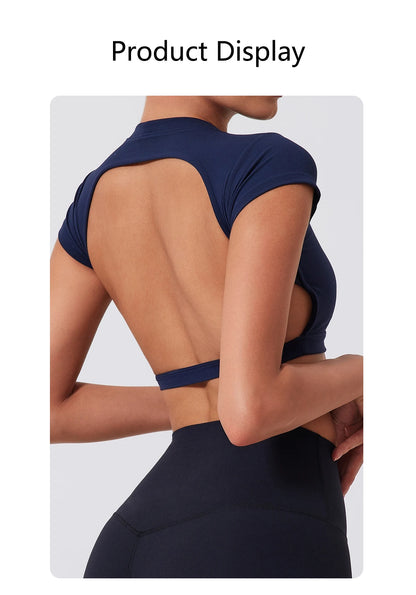 Women Crop Top - Backless Sports Crop Tee With High Compressive Waistband