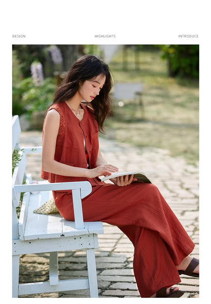 VIMLY Linen Blend Pant Set Two Piece Old Money Style Woman Summer Outfits 2026 Sleeveless Vest Wide Legs Pants Lady Suit A0820