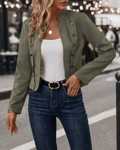 Faux Suede Jacket - Women's Casual Open Front Coat With Double Breasted Buttons
