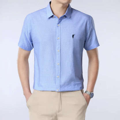 Solid Color Cotton Embroidered Small Horse Logo Shirt, Men's Short Sleeved Casual Versatile High-end Spring and Autumn Shirt