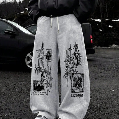 Dark Thorn Print Wide Leg Sweatpants, Gothic Style Loose Casual Pants, Sports and Fitness Jogging Pants, Autumn New Unisex