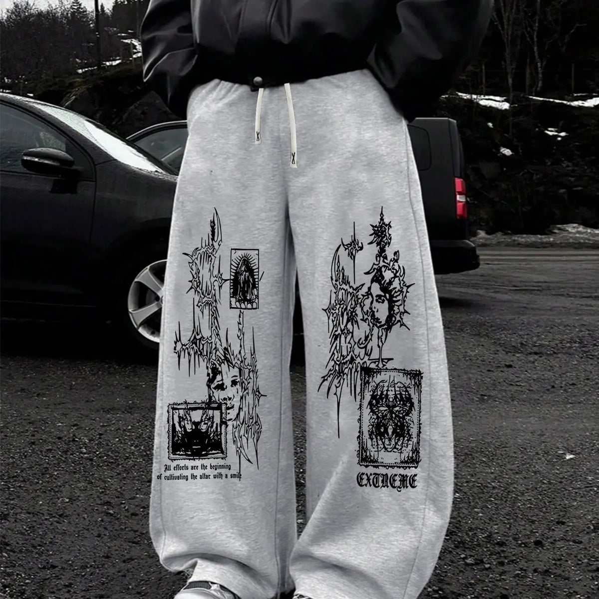 Dark Thorn Print Wide Leg Sweatpants, Gothic Style Loose Casual Pants, Sports and Fitness Jogging Pants, Autumn New Unisex