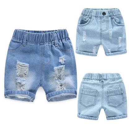 Kids Denim Boy Shorts - Casual Torn Jeans Knee Length Elastic Waist Fashion Trousers 2-8Y