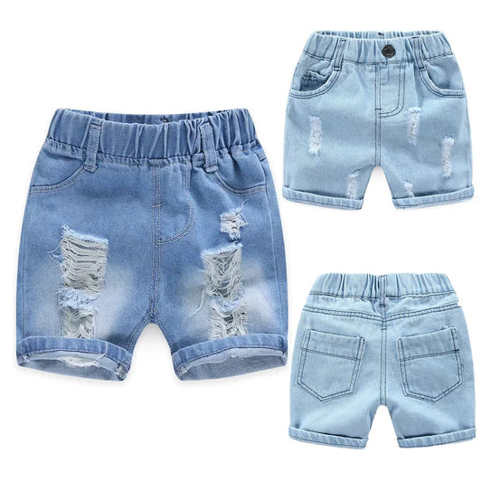 Kids Denim Boy Shorts - Casual Torn Jeans Knee Length Elastic Waist Fashion Trousers 2-8Y