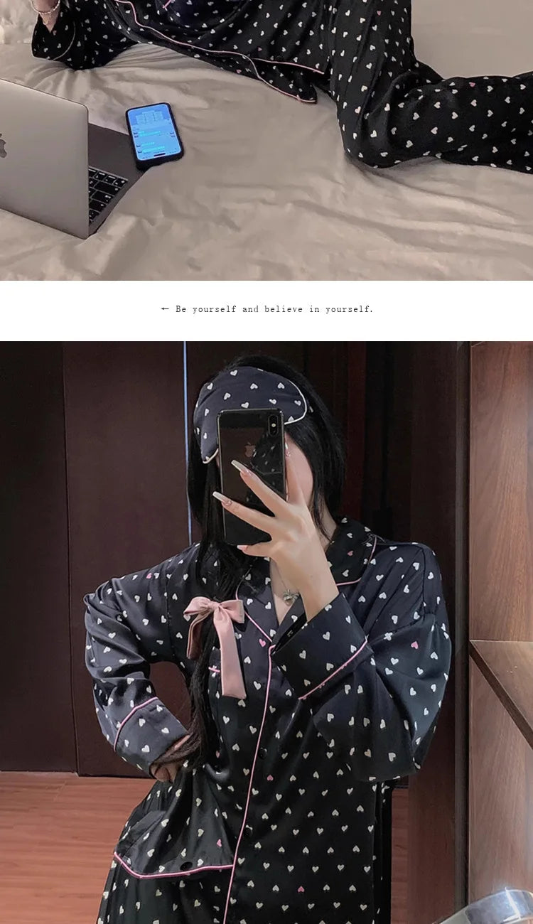Spring and Summer New Women's Senior Ice Silk Women's Pajamas Love Teenage Girls Students Casual Pajamas Homewear Two-Piece Set