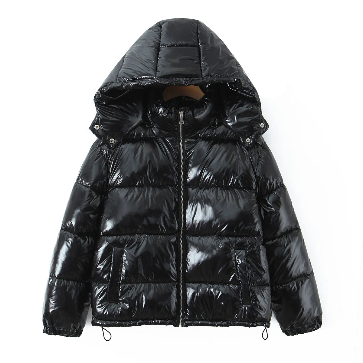 New Winter Fashion Women Bright Light Blue Zipper Up Bread Parka Coat Woman Stand Collar Removable Hooded Long Sleeve Outerwear