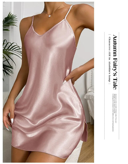 Imitation Silk Womens Casual Short Nightdress - Breathable Home Pajamas - ZOOMNSTORE