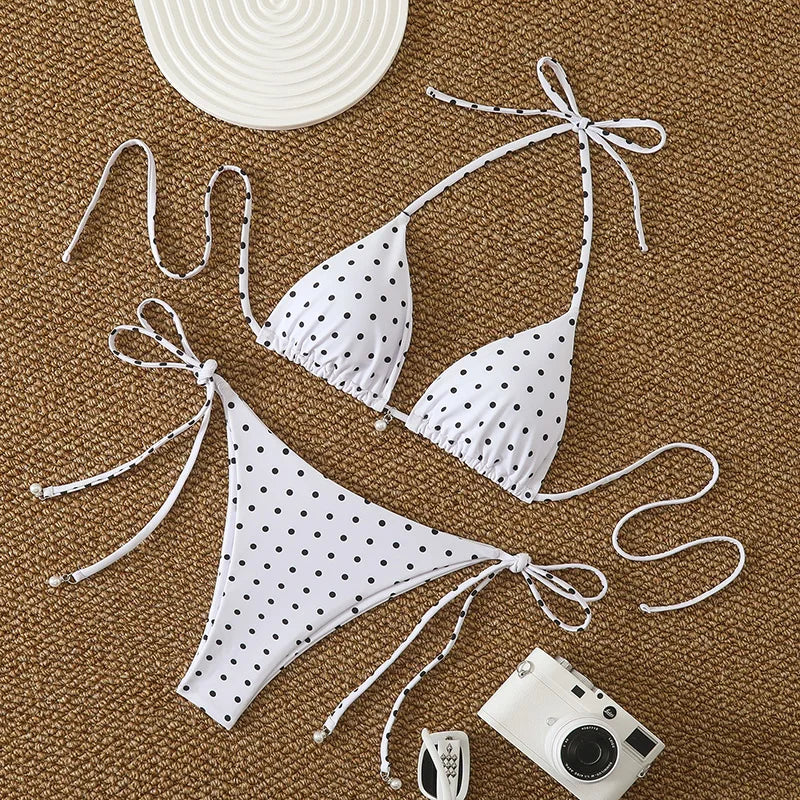 Micro Bikinis Set - Women's Swimwear Dot Print Halter Neck Lace Up Bikini