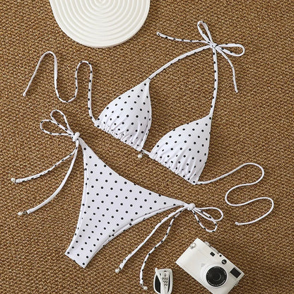 Micro Bikinis Set - Women's Swimwear Dot Print Halter Neck Lace Up Bikini