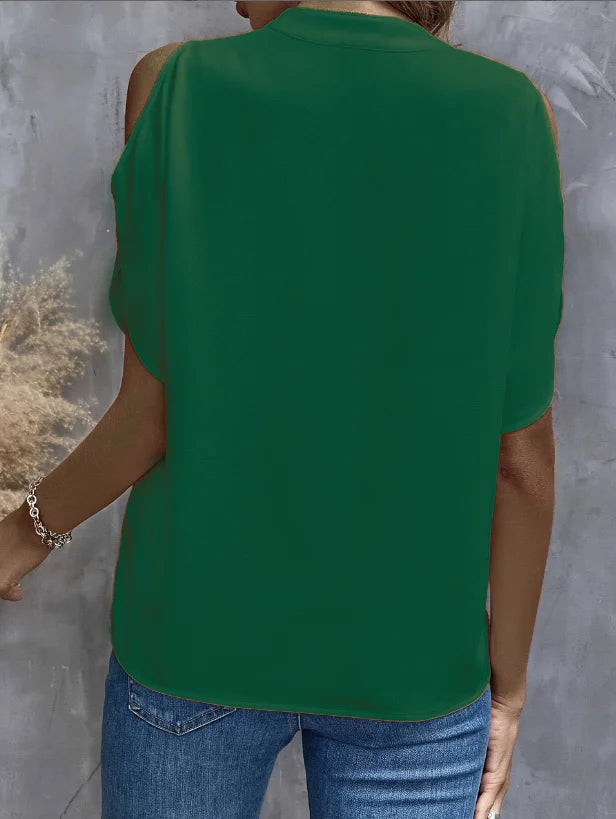 Elegant V-Neck Women's Short-Sleeve Shirt - Solid Color, Notched Collar, Loose European & American Style Versatile Top