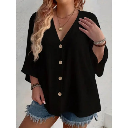 Plus Size 2025 New Fashion Women's Tops Loose V-Neck Long Sleeve T-Shirt Spring Summer Elegant Solid Color Casual Blouse