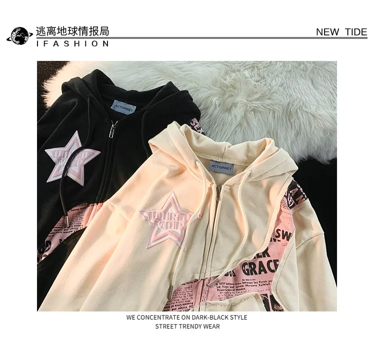 2023 Letter Print Sweatshirts Gothic Streetwear Vintage Loose Patchwork Tops Coats Zip Up Hoodies Women Harajuku Hip Hop Top