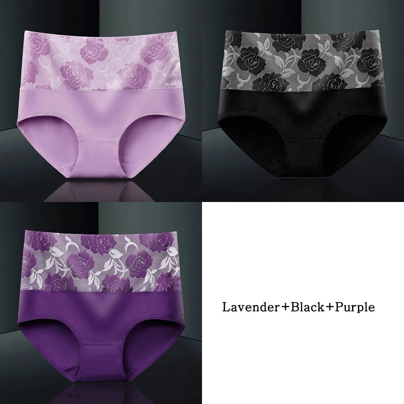 Plus Size L-5XL Women's Briefs Underwear Cotton High Waist Tummy Control Panties Rose Jacquard Ladies Panty Multipack