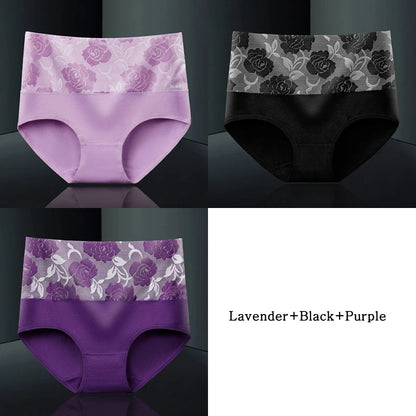 Plus Size L-5XL Women's Briefs Underwear Cotton High Waist Tummy Control Panties Rose Jacquard Ladies Panty Multipack