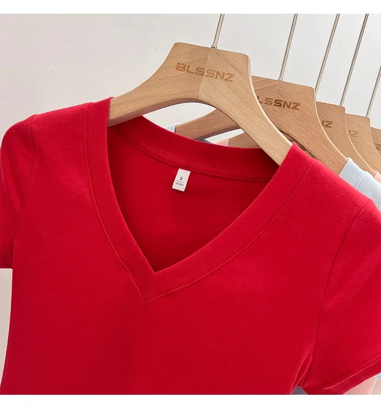 Summer Sexy V-neck Slim T Shirt Women Cotton Basic Solid Crop Tops Female Casual Tops Short Sleeve T-shirts 2026