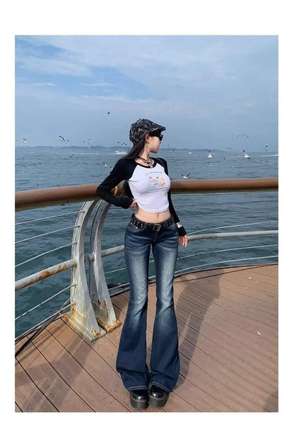 Y2K Slim Fit High Waist Casual Womens Jeans Retro Denim Pants Low Rise Flared Trousers Long Bootcut Drag Autumn for Women