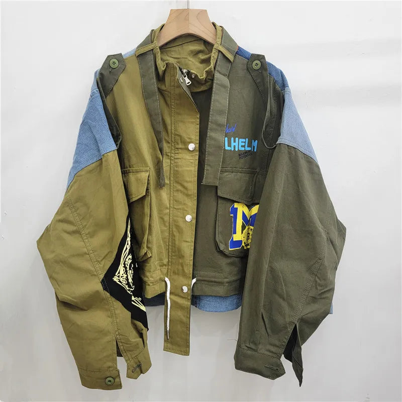 FAGADOER Retro Letter Printing Jacket Women Streetwear Green Cargo Pocket Denim Patchwork Fashion Coat Female Clothing 2025 New