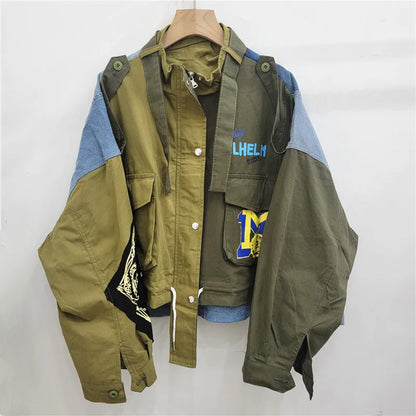 FAGADOER Retro Letter Printing Jacket Women Streetwear Green Cargo Pocket Denim Patchwork Fashion Coat Female Clothing 2025 New
