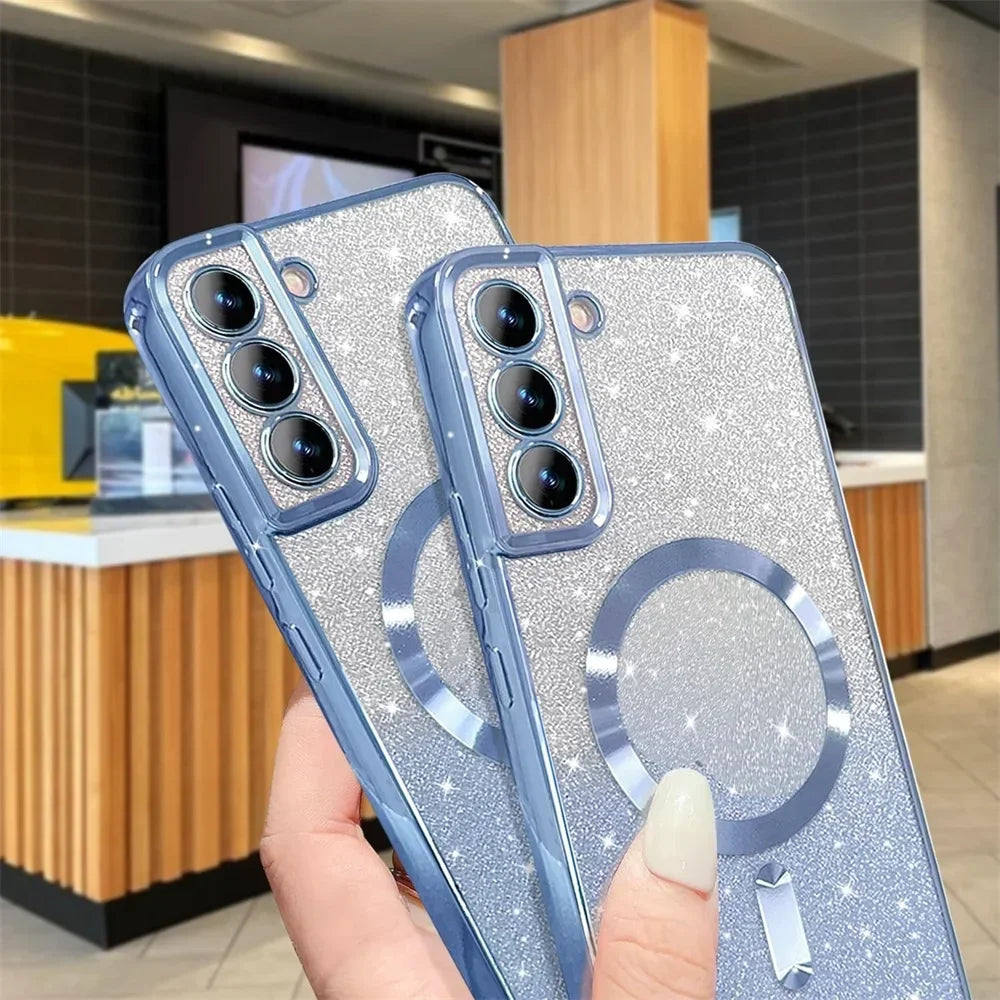 Glitter Magnetic Case For Samsung Galaxy S26 S24 Ultra S23 S22 S21 S25 Plus S20 FE A56 A55 A36 A17 Plating Wireless Bright Cover