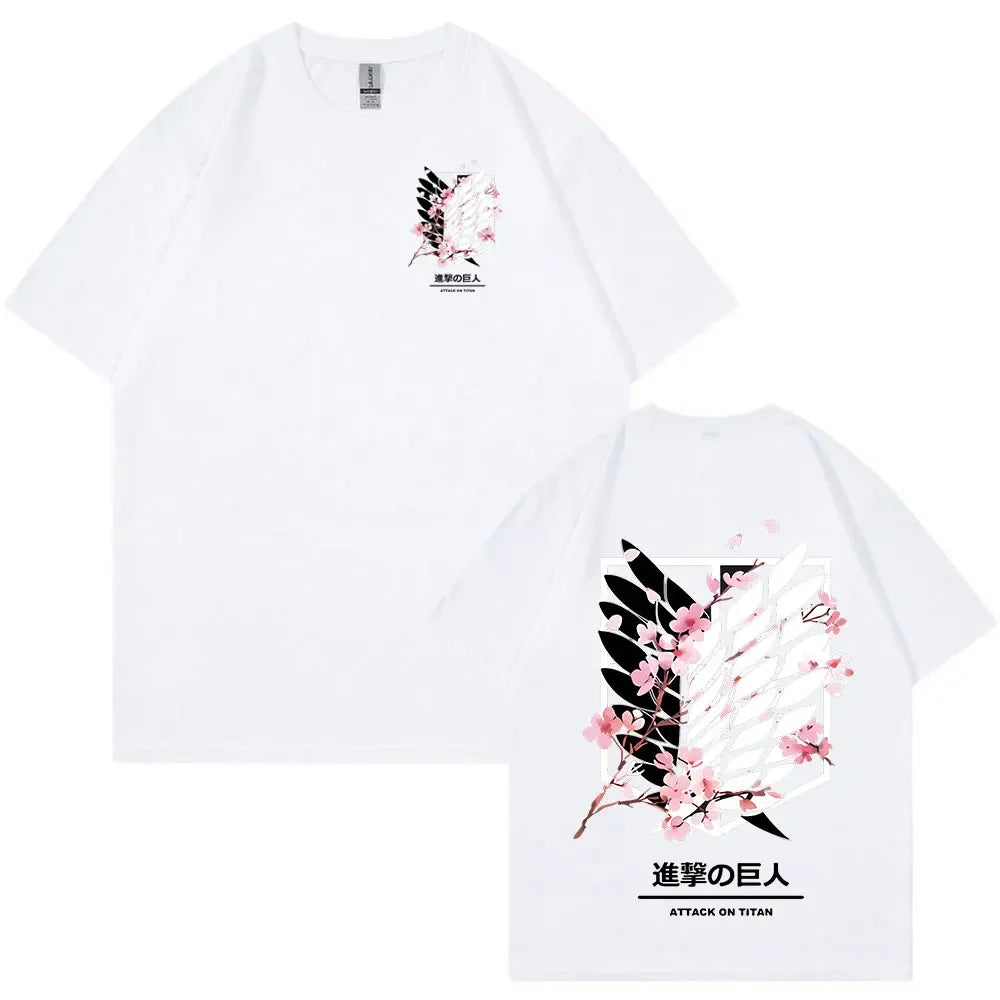 Anime Attack on Titan T-Shirt Ackerman Mikasa Eren Jaeger Cherry Blossom Graphics Logo T Shirt Clothes Men's Cotton T Shirts