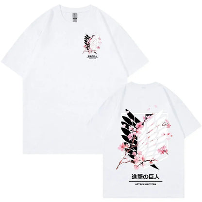 Anime Attack on Titan T-Shirt Ackerman Mikasa Eren Jaeger Cherry Blossom Graphics Logo T Shirt Clothes Men's Cotton T Shirts