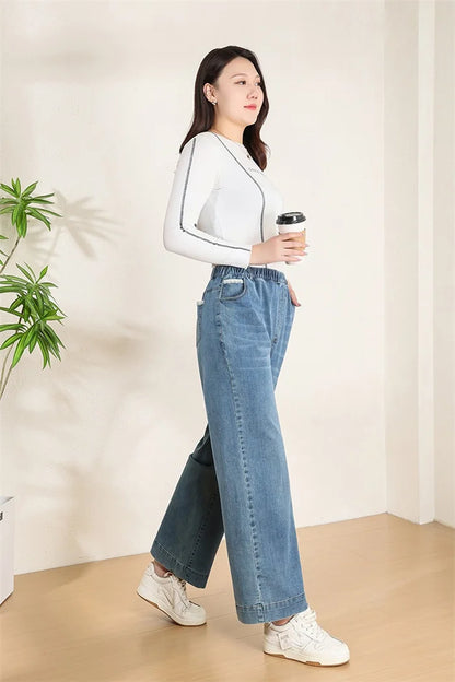 Women Wide Leg Jeans 7XL 9XL Straight Stretched Plus Size Girls Fashion Lady High Waist Female Oversized Denim Pants Trousers