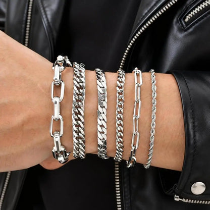 Punk Silver Color Men's Chain Bracelets,Hiphop Stainless Steel Braided Link Wristband,Classic Metal Jewelry Gift for Him Dad