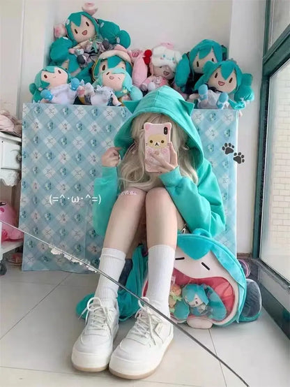 Zipper Hoodie Gothic Cartoon Kawaii Cat Ear Y2k Jacket Zip Up Thin Coat Spring Autumn Cute Core 2000s Clothes Fall Sweatshirts